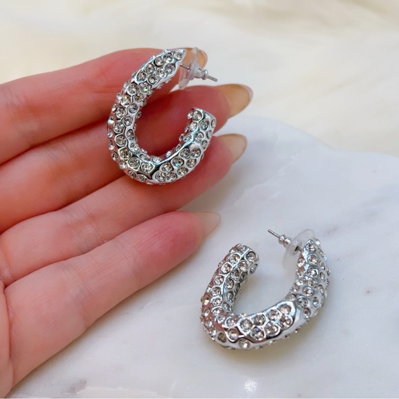 Silver crystal pave huggie earrings 1.25” 🌟 gorgeous lightweight - Picture 7 of 9